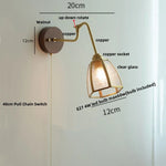 Clear Glass LED Wall Sconce Pull Chain Switch Rotate Arm Walnut Wood Stair Light