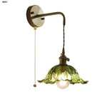 Glass & Copper Green Flower LED Wall Sconce with Pull Chain