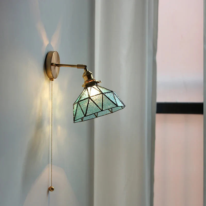 Tiffany Blue Glass LED Wall Sconce Rotate Copper Pull Chain Switch Light Fixtures