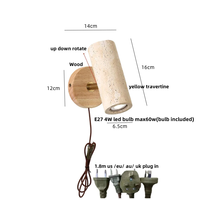 LED Wall Sconce Yellow Travertine Stone Wood Nordic Modern Rotate Bedside Lamp