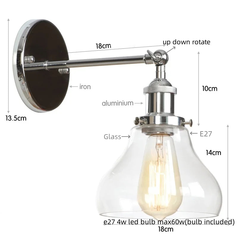 Red Bronze LED Wall Lamp with Pull Chain Switch and Clear Glass