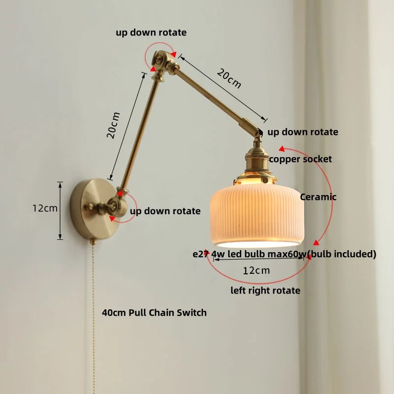 Ceramic Copper LED Wall Lights with Pull Chain Switch - Nordic Modern Bedside Lamp