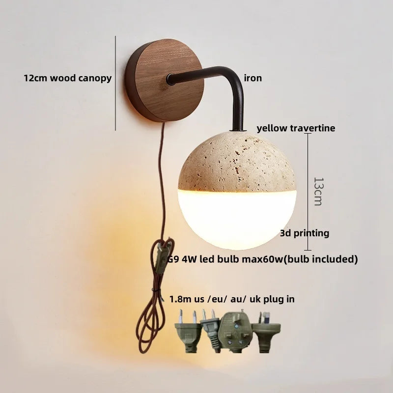 Japanese LED Wall Lamp, Pull Chain Switch, Yellow Travertine Glass, White Shade