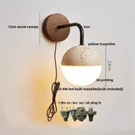 Japanese LED Wall Lamp, Pull Chain Switch, Yellow Travertine Glass, White Shade