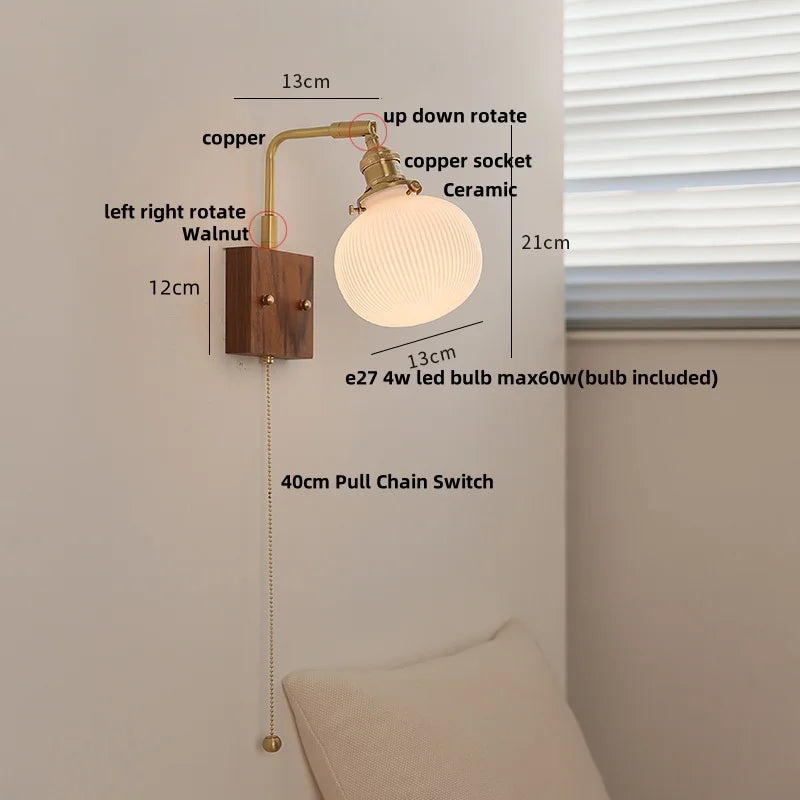 Globe Ceramic LED Wall Lights Walnut Wood Sconce Rotatable Bedside Lamp