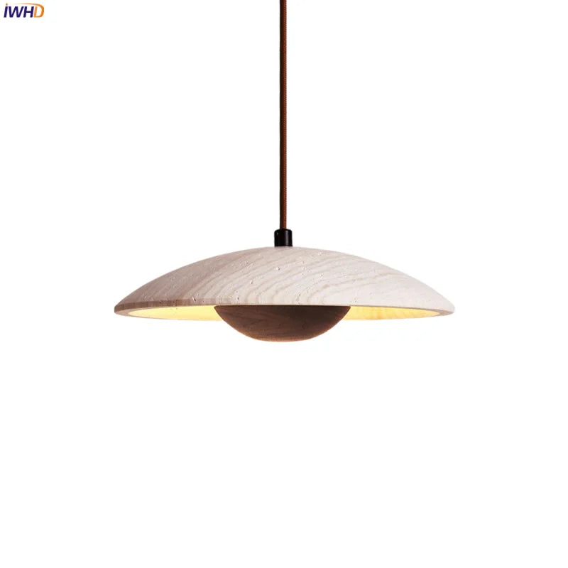 Wood Stone LED Pendant Lights Yellow Travertine Hanging Lamp for Living Room