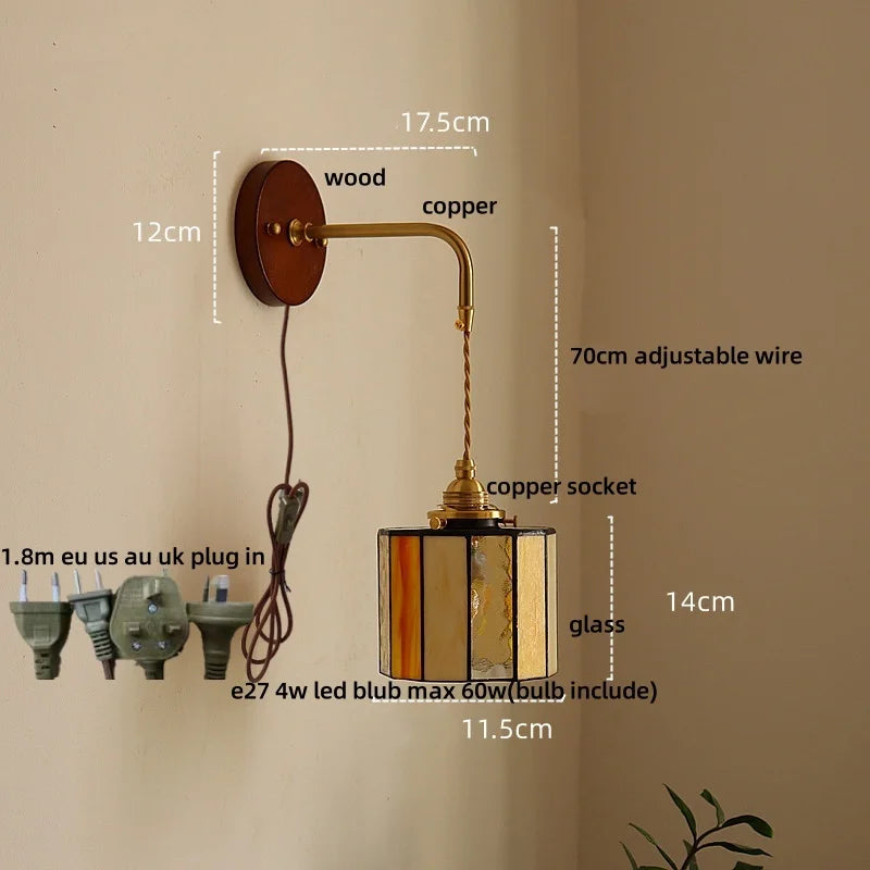 Adjustable LED Wall Lamp Sconce Copper Wood Glass Stair Light