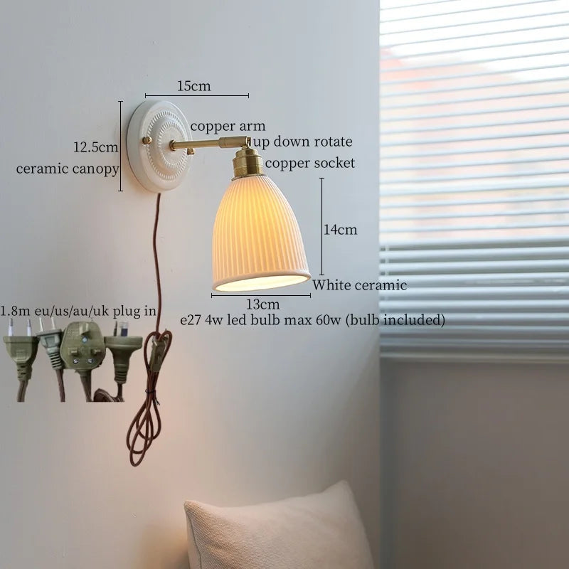 Pleats Ceramic LED Sconce Lamp with Adjustable Copper Arm for Bedroom Bathroom Mirror