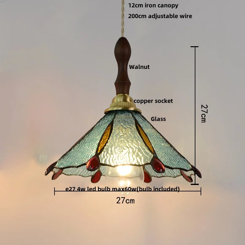 Afralia™ Walnut Wood LED Pendant Lights Tiffany Glass Hanging Lamp