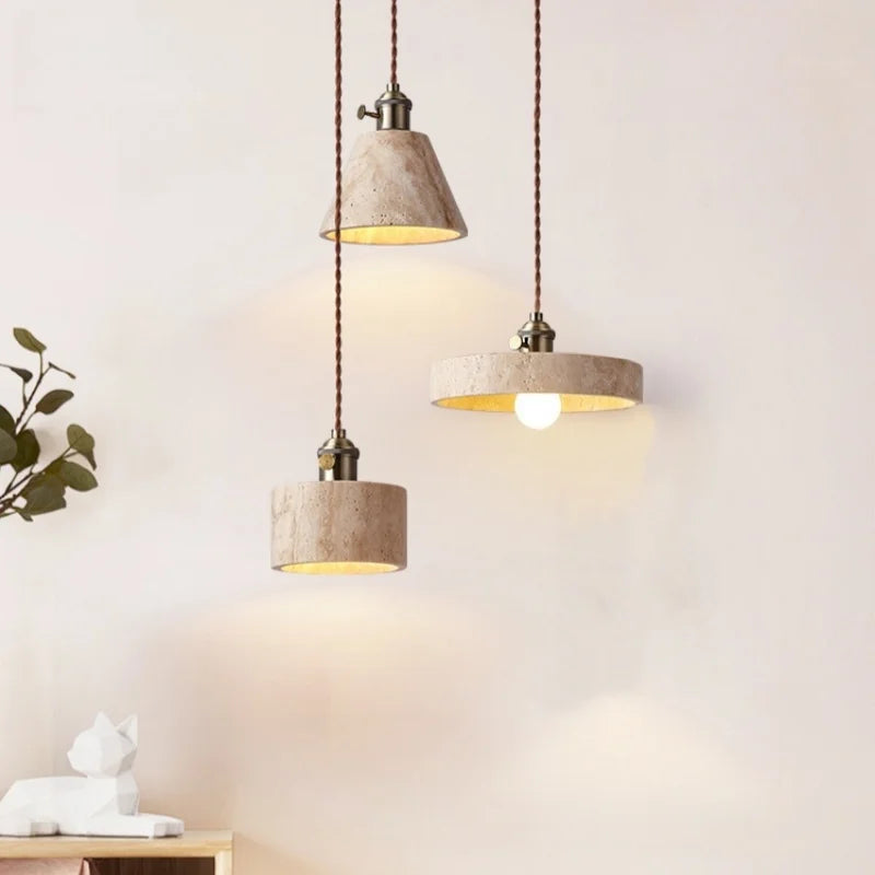 Afralia™ LED Yellow Travertine Stone Pendant Lights | Wabi Sabi Vintage Hanging Light