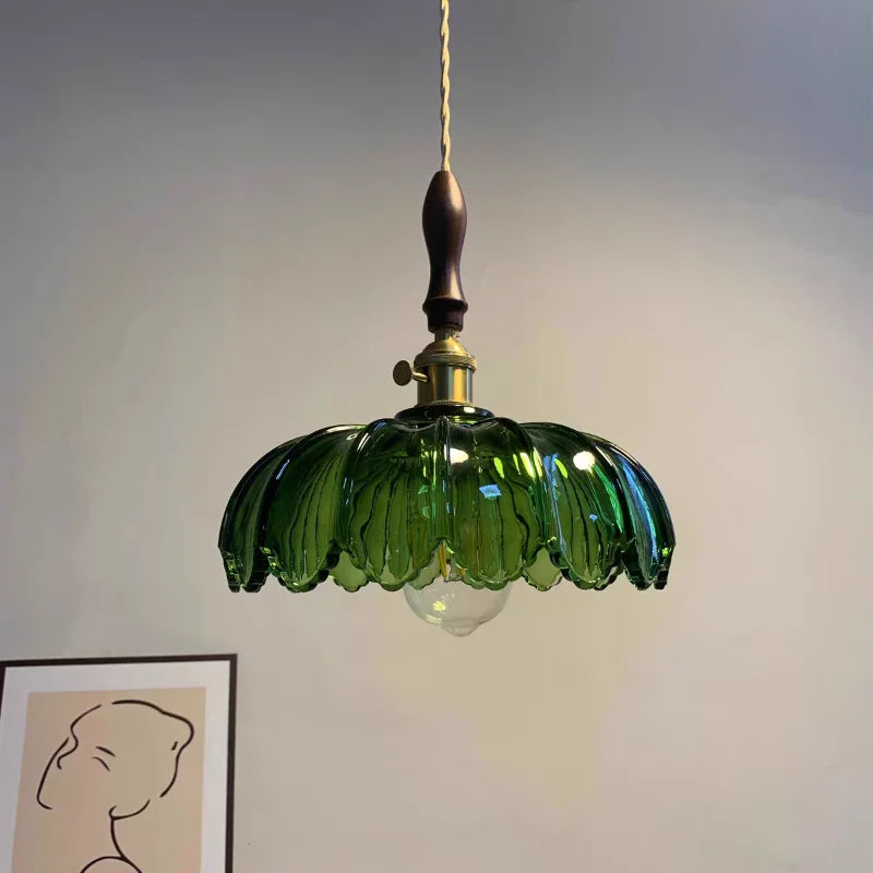 Walnut Wood LED Pendant Light Fixture Glass Hanging Lamp