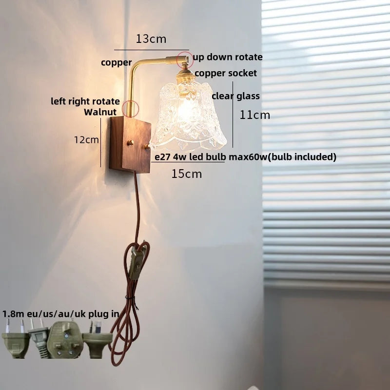 Clear Glass LED Wall Light Walnut Bedside Lamp Modern Rotatable Brass Wall Lights