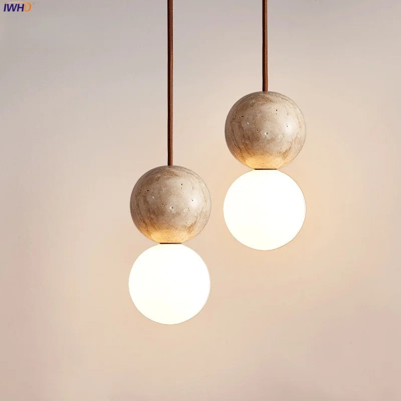 Afralia™ Stone Glass LED Hanging Lamp for Living & Dining Room, Yellow Travertine Nordic Pendant Lighting