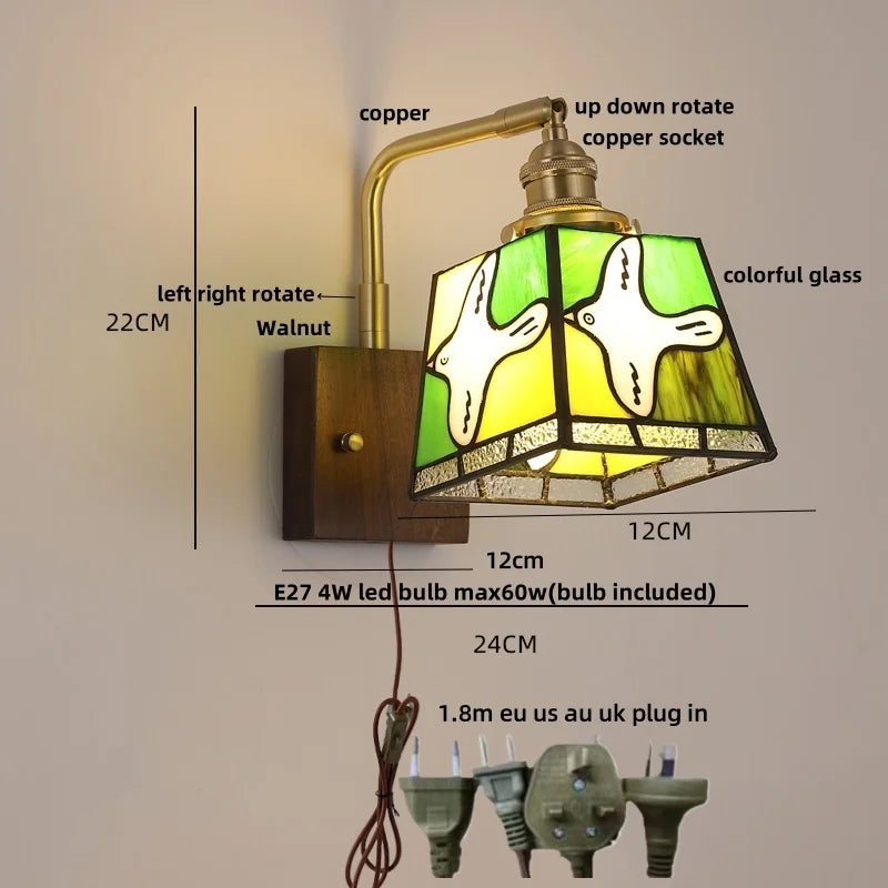 Amber Glass LED Wall Sconce with Walnut Wood, Pull Chain Switch for Living Room