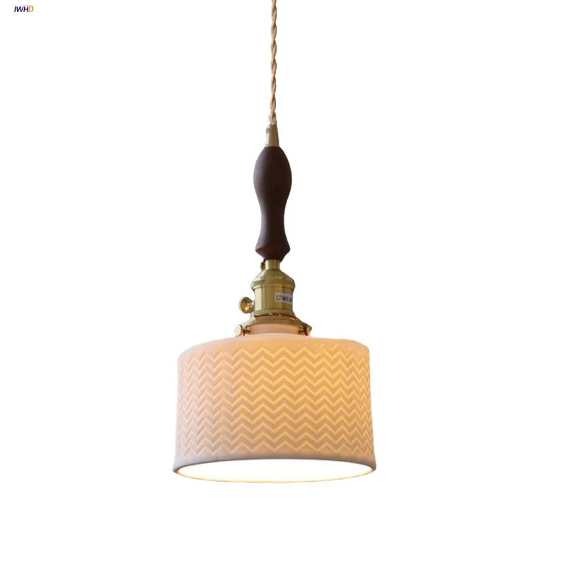 Walnut Wood LED Pendant Lights with Ceramic Accent & Copper Knob Switch