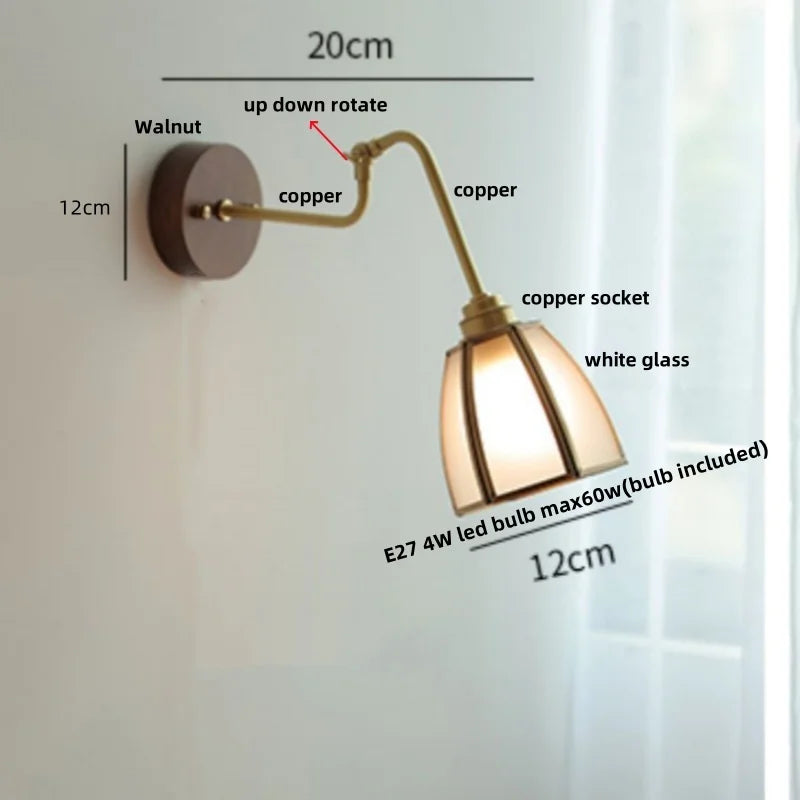 Copper Rotate Arm LED Wall Light: Clear Glass Walnut Bedside Lamp