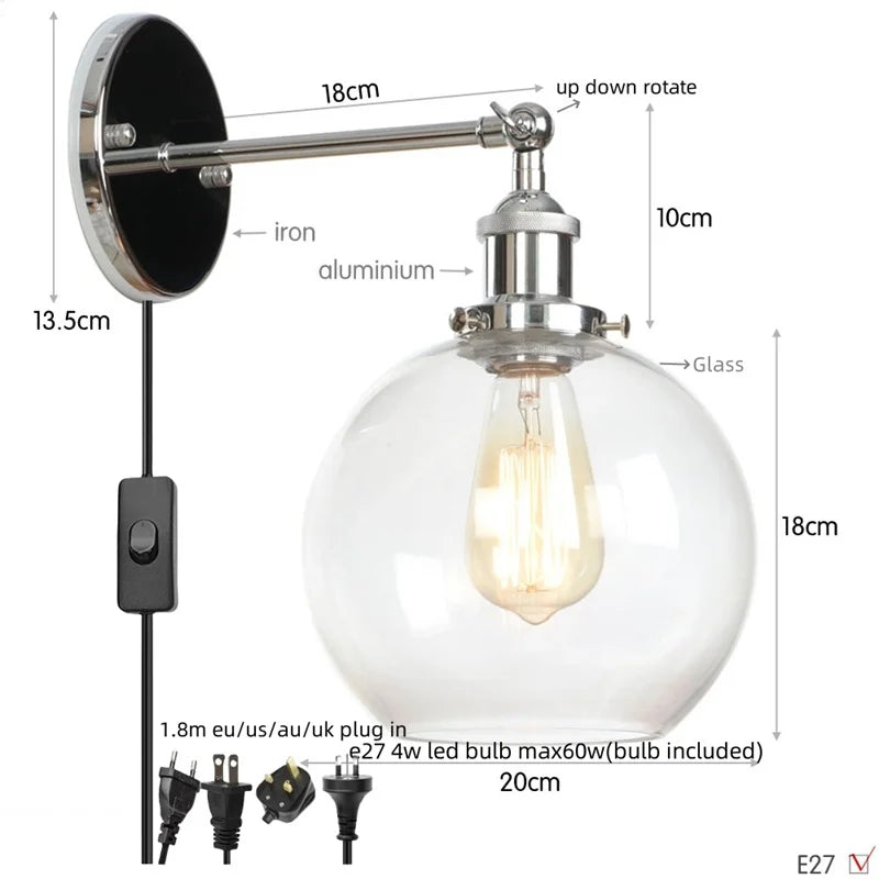 Afralia™ Glass Globe LED Wall Light Fixture Single Arm Bedside Lamp Vintage Industrial Style