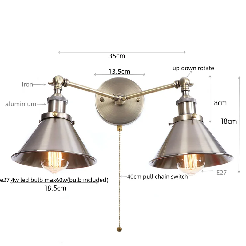 Afralia™ Industrial Vintage LED Wall Light Iron Gold 2 Heads Simple Lamparas De Pared.