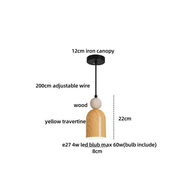 Yellow Iron LED Pendant Lamp Yellow Travertine Stone Ball in Wabi Sabi Style