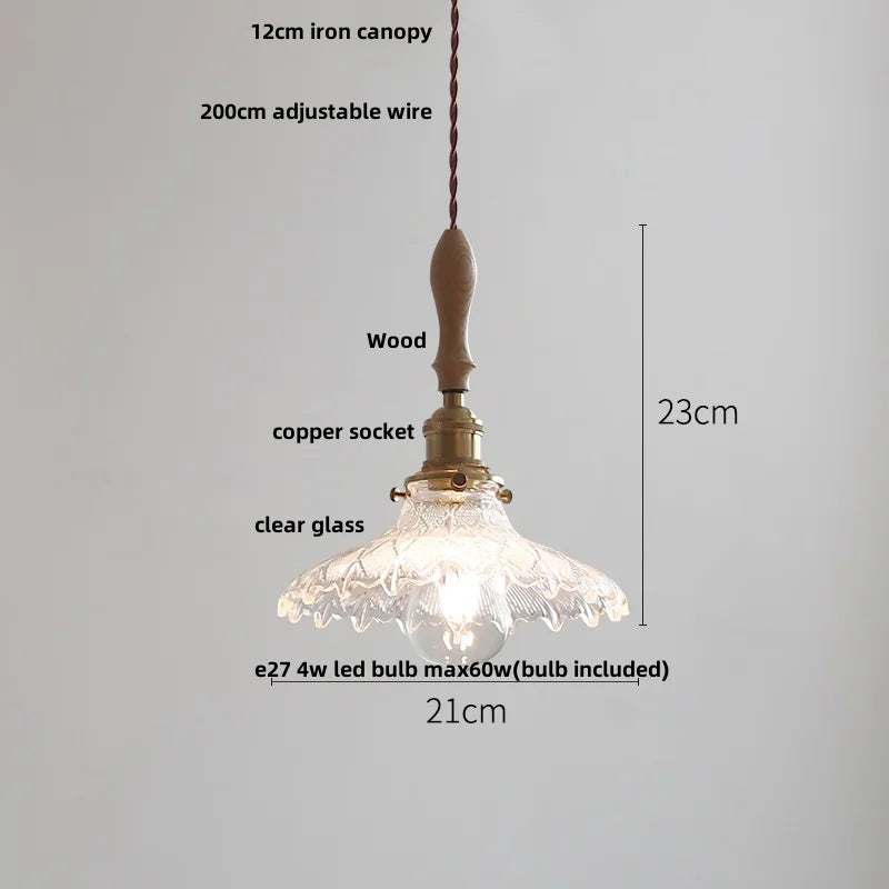 Glass LED Pendant Lamp with Wood Handle - Modern Nordic Hanging Light