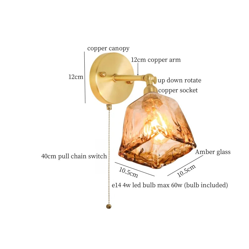 Amber Glass LED Wall Lamp for Bedroom Minimalistic Copper Lighting