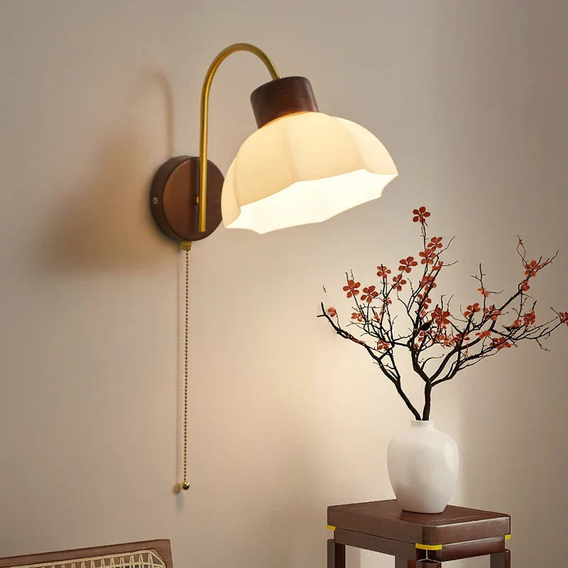 LED Wall Sconce Pull Chain Switch Modern Stair Lights Glass Wood