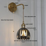 Smoke Gray Glass LED Wall Light Fixture Minimalist Pull Chain Switch Bedside Lamp