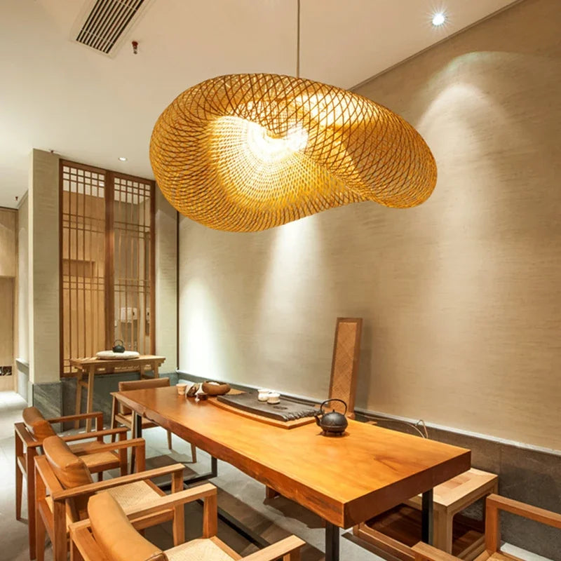 Bamboo Wave Pendant Lights - Handmade Rattan Shade for Indoor House Lighting