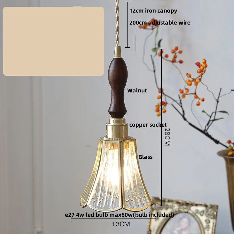 Afralia™ Walnut Wood LED Pendant Light Fixture Hand Stitched Glass Hang Lamp