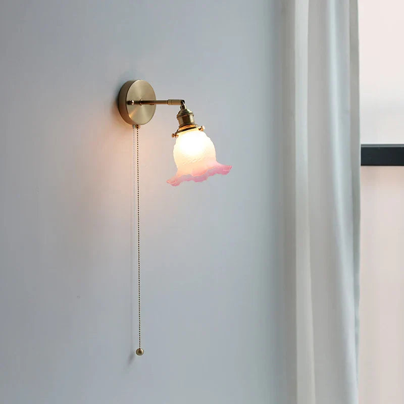 Afralia™ Flower Glass LED Wall Light - Vintage Rotate Copper Bedside Lamp