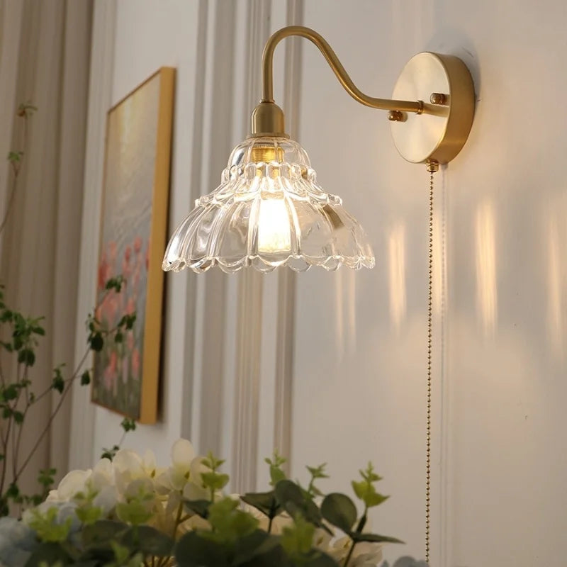 Brass LED Wall Sconce Clear Glass Pull Chain Switch Modern Vanity Light