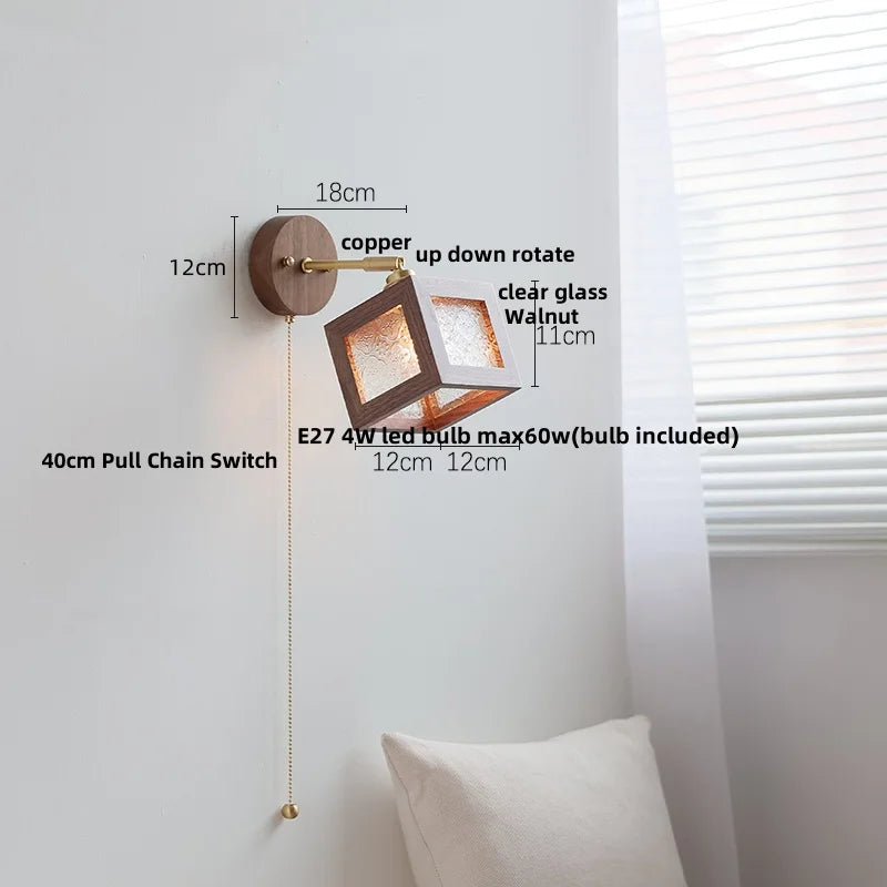 Clear Glass LED Wall Light Fixture Walnut Wood Pull Chain Switch Nordic Modern Wall Lamp