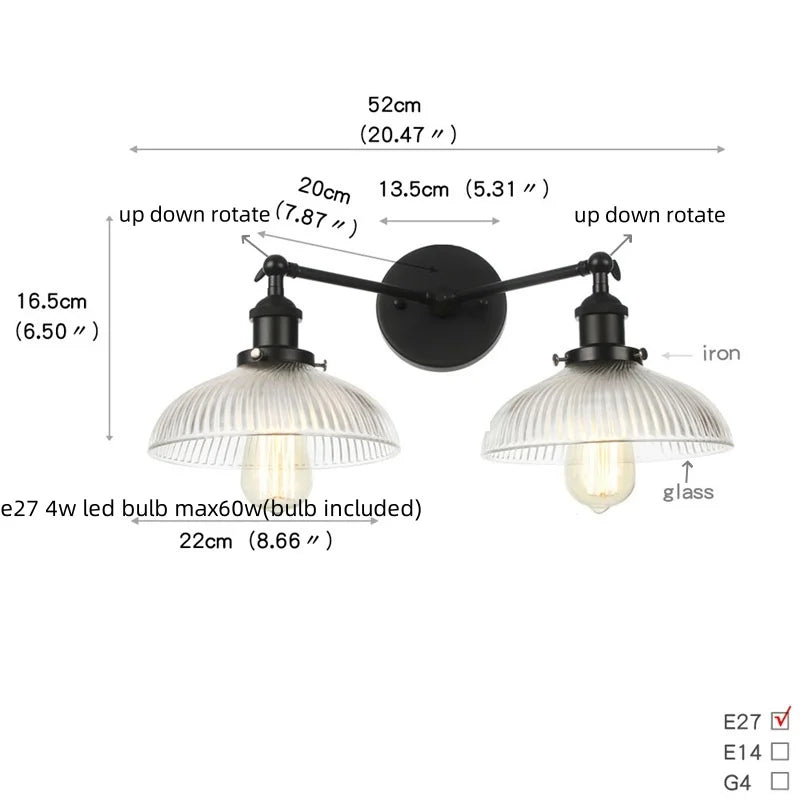 Industrial LED Wall Light Fixture with Pull Chain Switch, 2 Heads Bedside Lamp