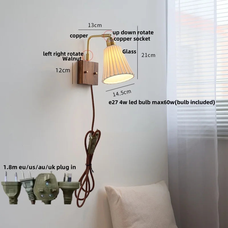 Walnut Wood LED Wall Sconce Rotatable Glass Bedside Lamp Nordic Modern