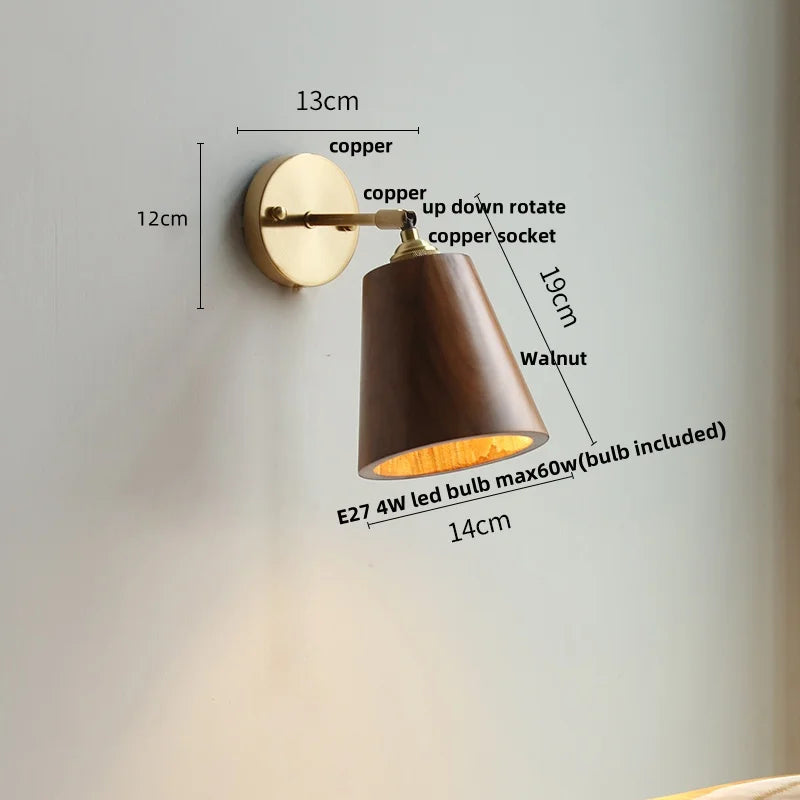 Nordic Walnut Wood Copper Up Down LED Wall Sconce Bedside Lamp