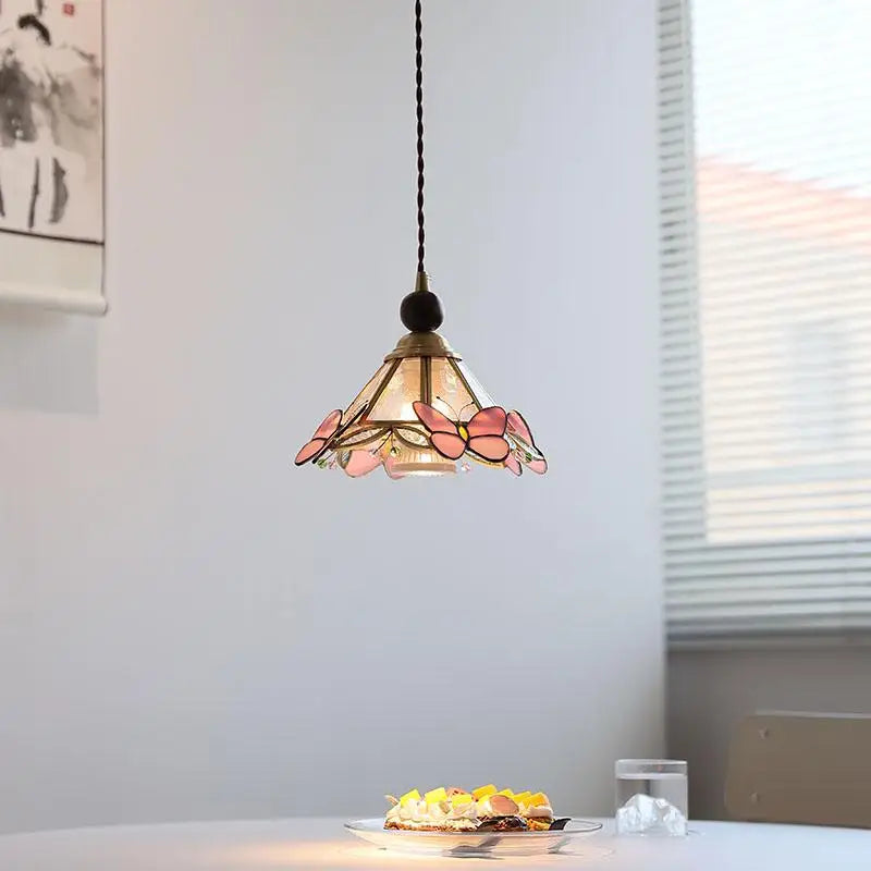 Butterfly Pink LED Pendant Lamp Walnut Wood Glass Nordic Modern Home Decor