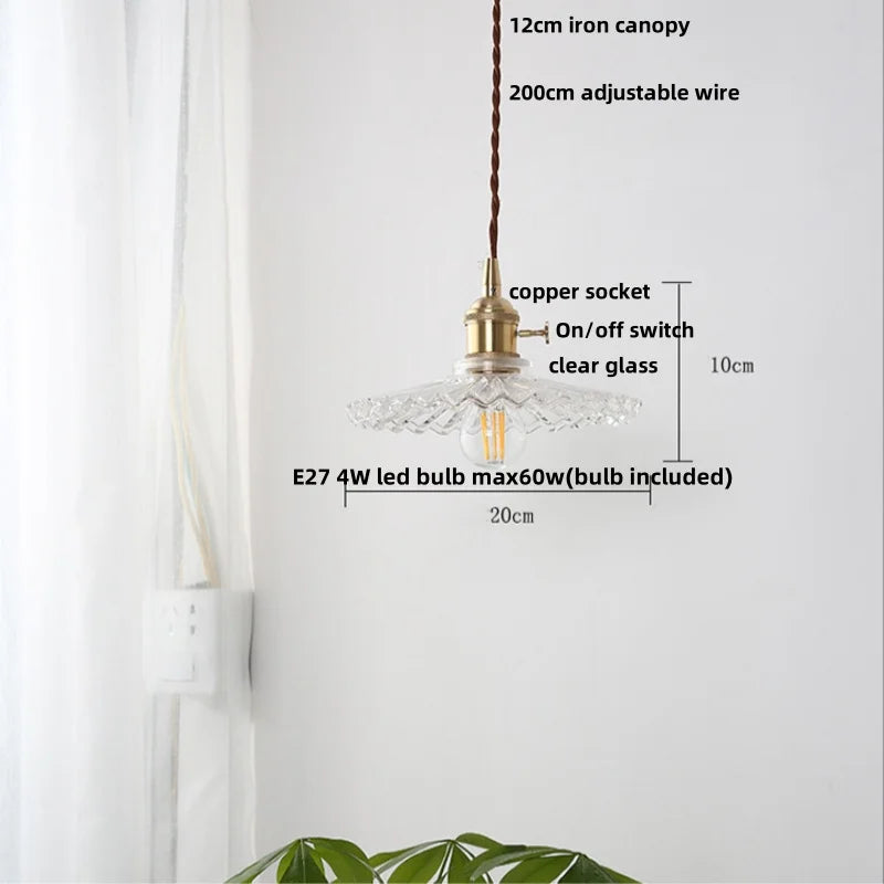 Glass Copper LED Pendant Lamp with Wire Adjustment & Knob Switch