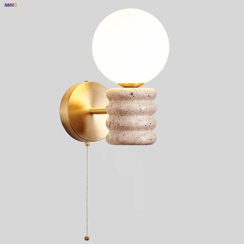 Japanese LED Wall Lamp, Pull Chain Switch, Yellow Travertine Glass, White Shade