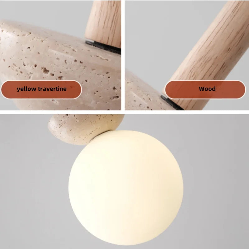 White Glass LED Pendant Lights Modern Yellow Travertine Wood Hang Lamp
