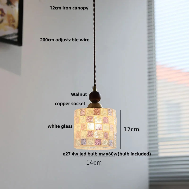 Tiffany Glass Wood LED Pendant Lamp Modern Nordic Hanging Light Fixutre