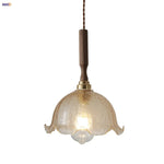 Amber Glass LED Pendant Lamp with Walnut Wood Accent - Modern Nordic Hanging Light