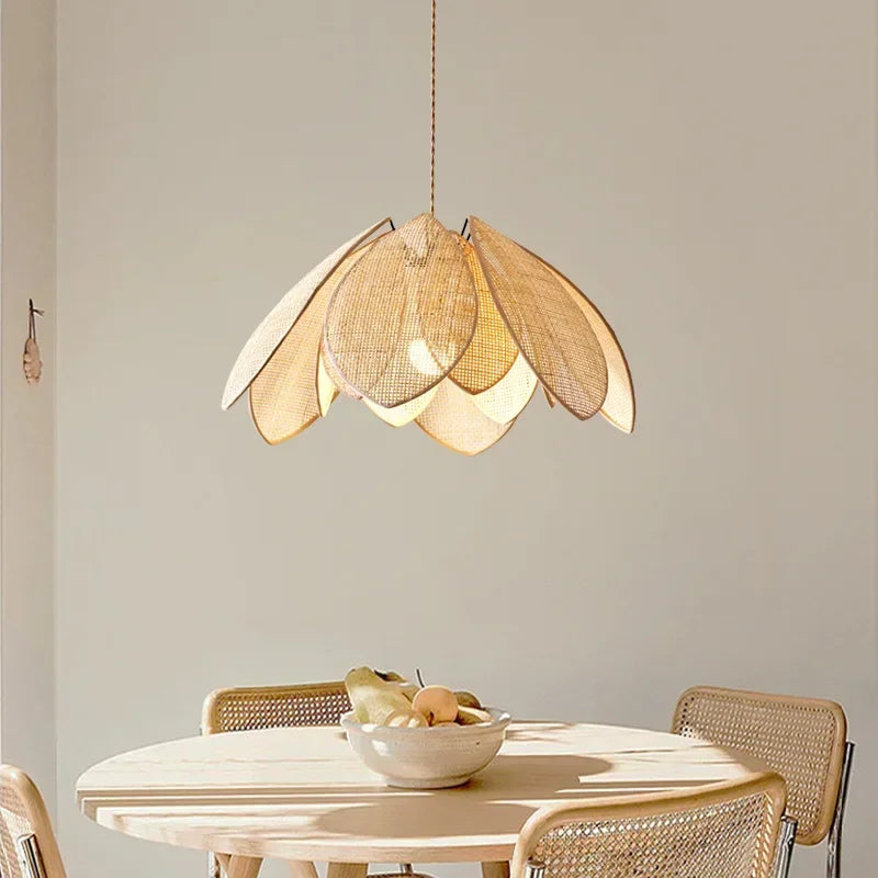 Rattan Petal Chandelier: Modern Nordic Wabi Sabi LED Pendant Light