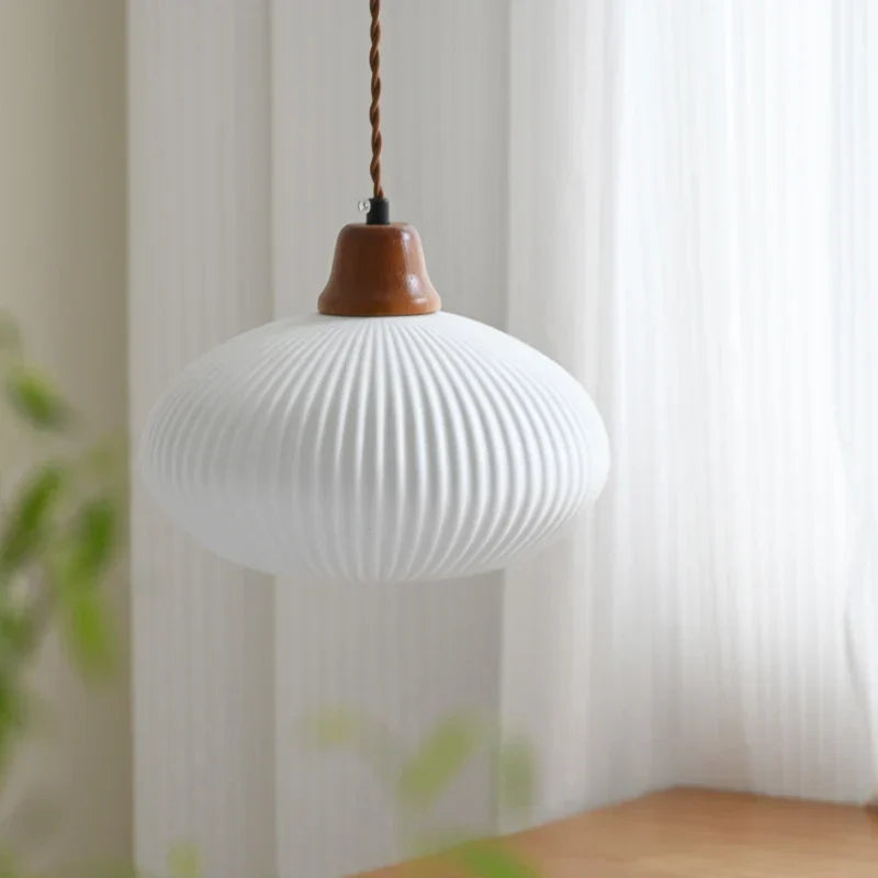 Afralia™ Brown Wood LED Pendant Lamp Ceramic Nordic Hanging Light Fixtures