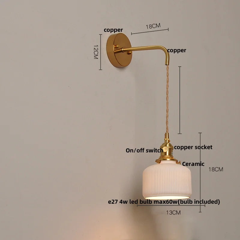 Ceramic Copper Wall Light Fixture with Pull Chain Switch, E27 LED, Modern Nordic Design