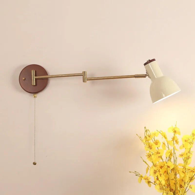 Modern Wood Wall Light with Swing Arm, Rotatable Design & Pull Chain Switch