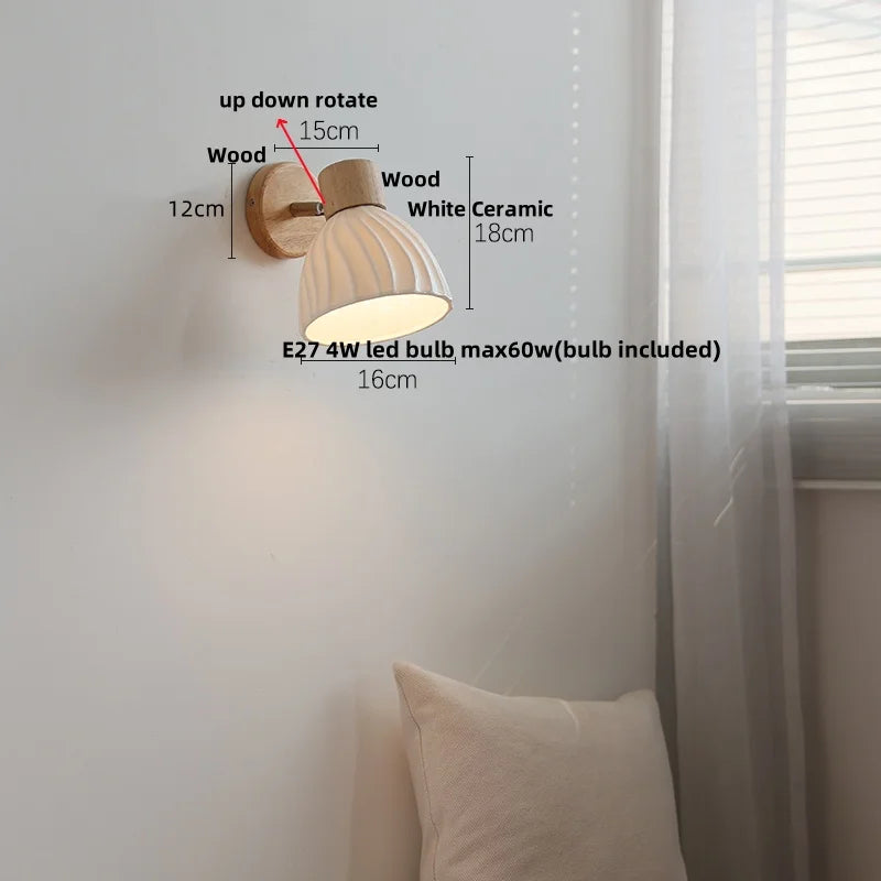 White Ceramic Wood LED Wall Light Fixture Pull Chain Switch Bedside Lamp