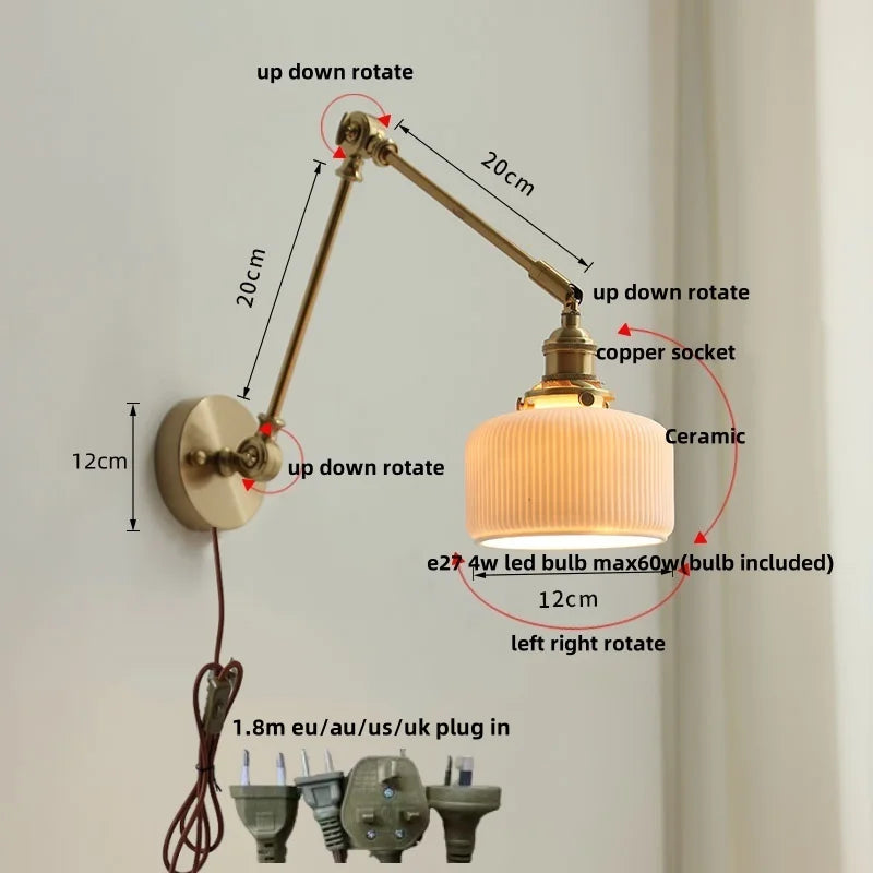 Ceramic Copper LED Wall Lights with Pull Chain Switch - Nordic Modern Bedside Lamp