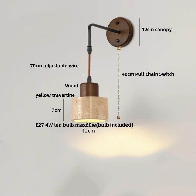 Afralia™ Wood Canopy LED Wall Sconce Yellow Travertine Stone Nordic Modern Light