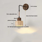 Wood Canopy LED Wall Sconce Yellow Travertine Stone Pull Chain Switch