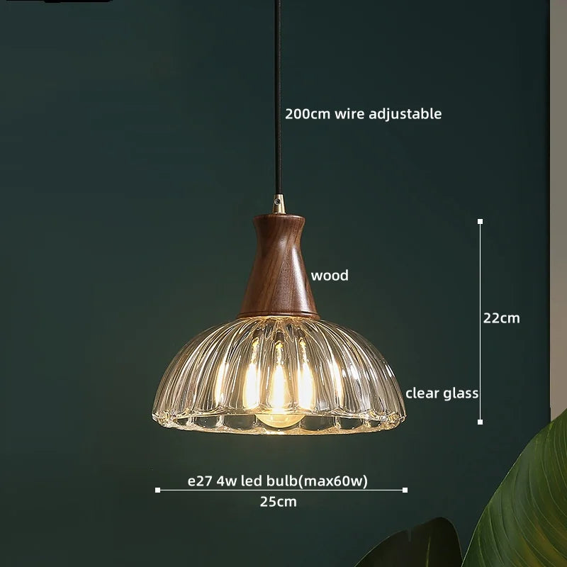 Wood Glass LED Pendant Lights Modern Hanging Lamp for Kitchen Living Room